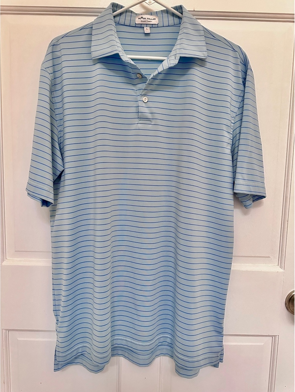 Peter Millar Summer Comfort Performance Golf Polo Blue Striped T-Shirt Size L